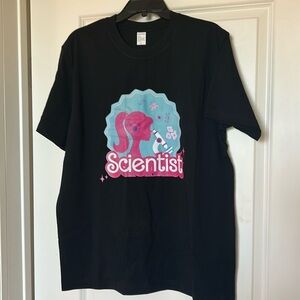 NWOT Barbie Scientist graphic tee rich black with pink logo profile 100% cotton